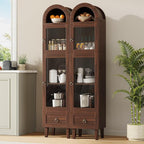 71” Tall Arched Pantry Cabinet with Glass Door, Display Cabinet Organizer with Drawer, Versatile Pantry with Top-Opening Storage Container for Living, Kitchen Dining Room, Brown