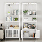 Bookcase with Drawers, 4-Tier Bamboo Bookshelf Ladder Shelf with 6 Hooks, Tall Narrow Retro Book Shelf, 24.8"L x 10.6"W x 59.5"H, Standing Storage Organizer for Living Room, Office, Bedroom, White