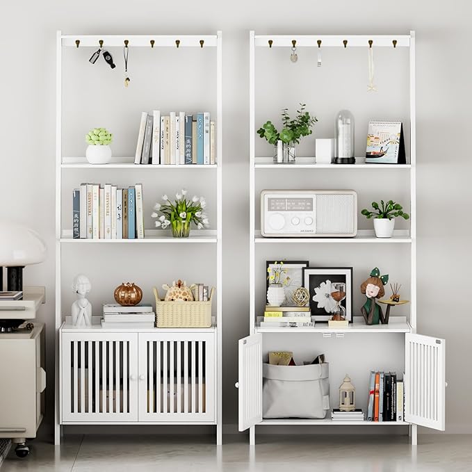 Bookcase with Drawers, 4-Tier Bamboo Bookshelf Ladder Shelf with 6 Hooks, Tall Narrow Retro Book Shelf, 24.8"L x 10.6"W x 59.5"H, Standing Storage Organizer for Living Room, Office, Bedroom, White