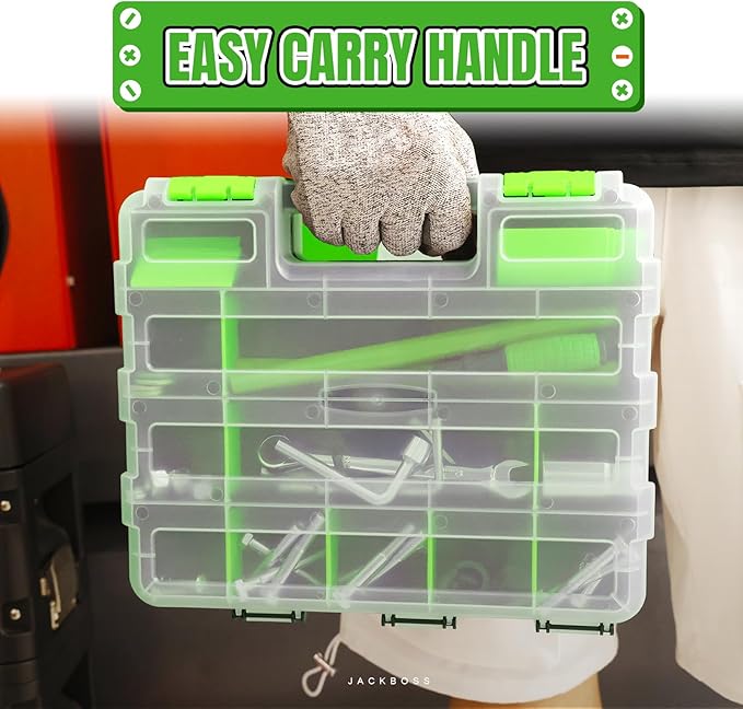 Tool Box with Transparent Lid, Double Side 34-Compartments Organizer Box with Removable Dividers for Hardware, Screws, Bolts, Nails, Beads, Jewelry and Fishing Accessories, Green, 1 Pack
