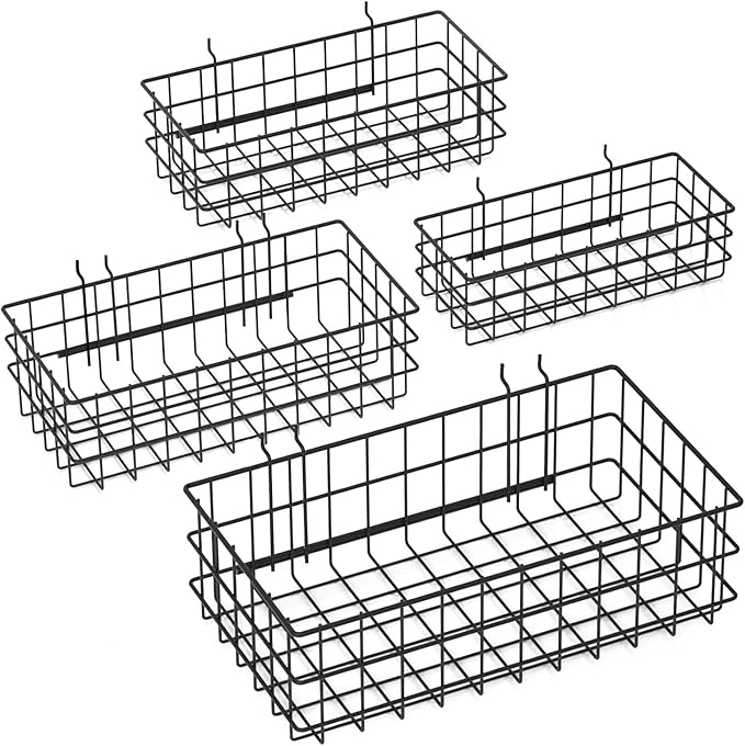 4 Pack Pegboard Baskets Hooks Set, Square Style 4 Size Peg Board Organizer Basket Bins Accessories for Workbench,Garage Storage,Tool Hanger