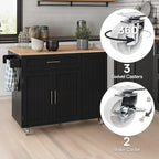 43.3" Rolling Kitchen Island Cart with Drop Leaf & Storage - Mobile Kitchen Organizer with Wheels, Rubberwood Top, Trash Bin Cabinet & Towel Rack, Farmhouse Style for Small Spaces Black