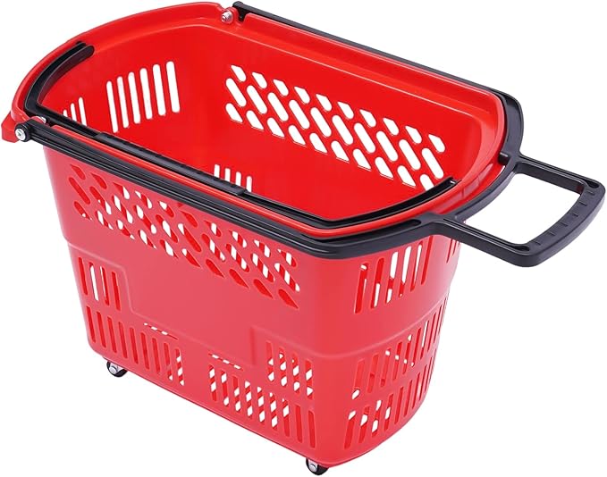 12PCS Plastic Shopping Basket with Handles & Wheels, 35L Rolling Shopping Carts, Grocery Basket with 4 Wheels and Handle, Portable Shopping Baskets for Retail Stores, Supermarkets (12PCS - Red)