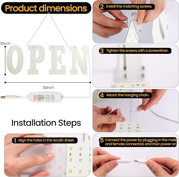 LED Open Signs for Business 30"x10" Dimmable Bright Business Open Sign with Hanging Installation for Window Stores, Hotel, Store, Bar, Retail Shop, Salon, Restaurant