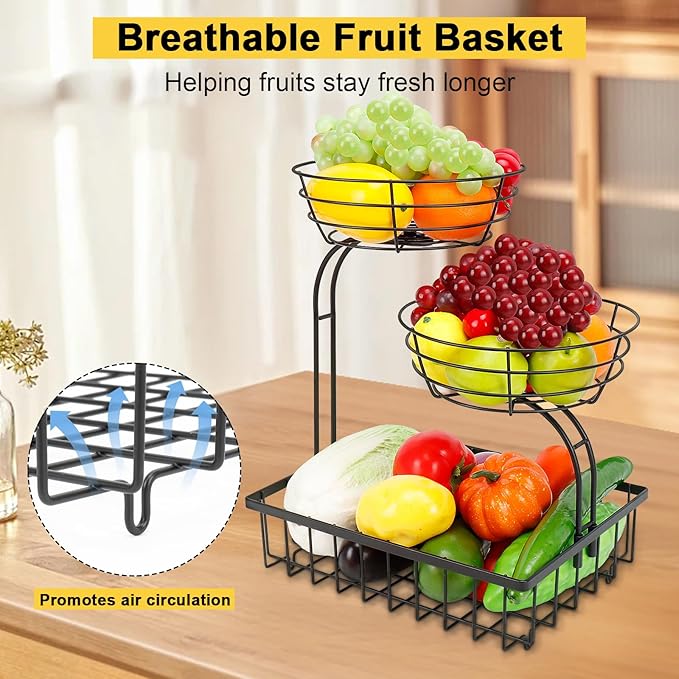 3 Tier Countertop Fruit Vegetable Basket Bowl Storage, Solid Metal Kitchen Counter Organizer for Storing Fruits, Veggies, Bread, Snacks (Black)