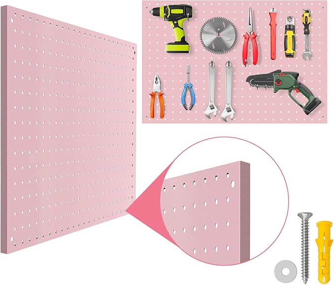 Peg Board, 4 Pack Metal Pegboard Panels Pink Pegboards Wall Organizer with Frame Large Heavy Duty Peg Board with Hooks for Walls Home, Garage Tool Storage, Office, Craft Room, Kitchen 24”×16”