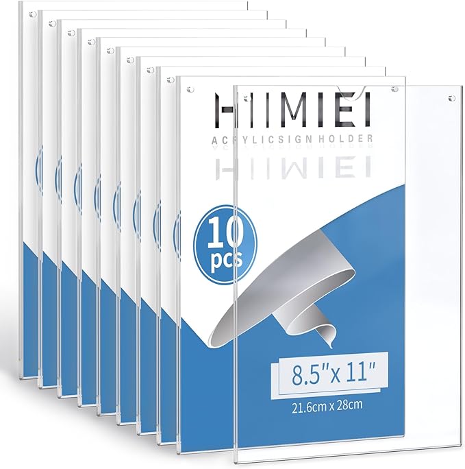 HIIMIEI Acrylic Sign Holder 8.5 x 11 Wall Mount with Paper Fixing Magnet and Double-Sided Tape, No Drilling Required (10 Pack) - Perfect for Office, Home, Store, and Restaurant