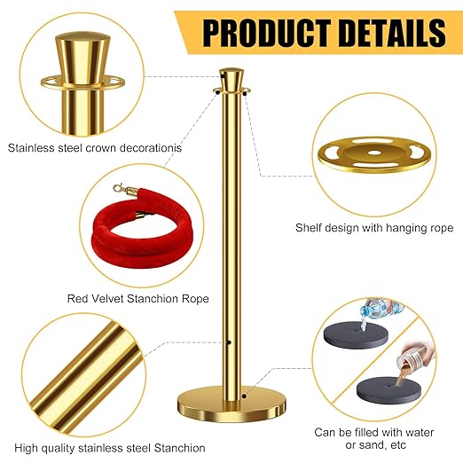 kaiyomi 4Pcs Stanchions with Red Velvet Ropes Set, 5 Feet Velvet Ropes and Posts Poles for Red Carpet Party Decoration and 360° Photo Booth (Golden)