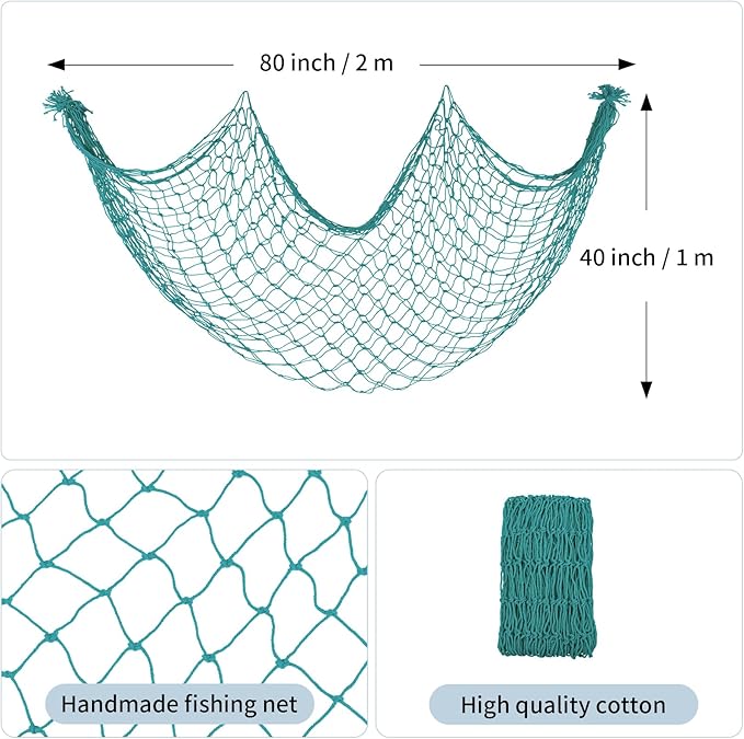 Decorative Fishing Net 80x40 Inch,Patioland Large Aqua Picture Fish Net, Wall Photo Hanging Fishnet for Nautical Mermaid Pirate Ocean Themed Hawaii Beach Under The Sea Party Decorations (1PCS)