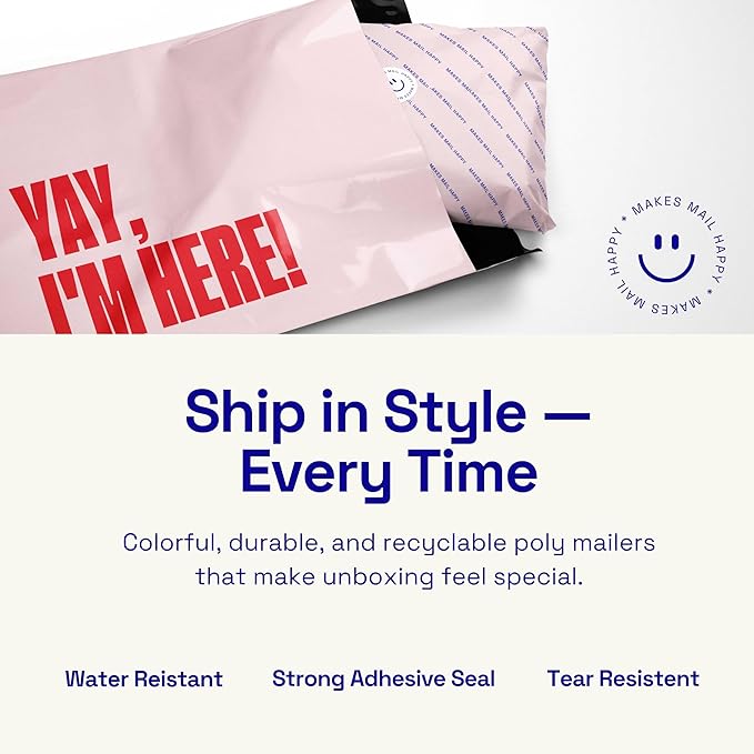 Poly Mailers 14x19 – 100 Pack – Cute Printed Recyclable Shipping Envelopes for Small Business Packaging, Self Sealing Mailing Bags – Yay I’m Here Pink/Red Design