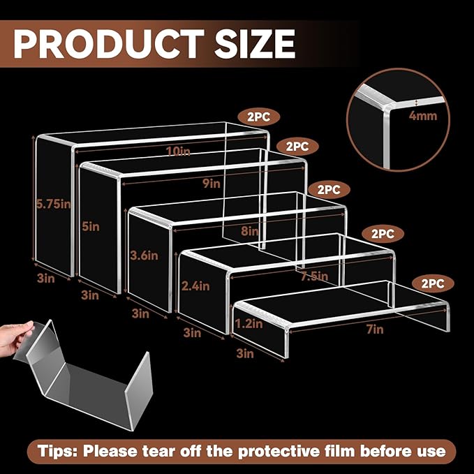 10 Pcs Acrylic Display Riser, 2 Sets 5 Sizes Large Acrylic Risers Display Stands, 0.15" Thick Clear Shelf Riser for Display Dessert Candy Figure Toys Perfume Jewelry Showcase
