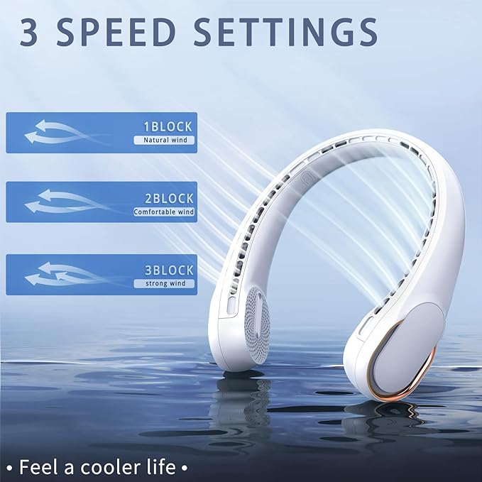 Portable Neck Fan, Bladeless Neck Fan, USB Rechargeable Personal Fan, 4000 mAh Battery Operated Fan, 3 Speeds Adjustable,Faster Cooling, Ultra Quiet, Suitable for Home, Office, Sports