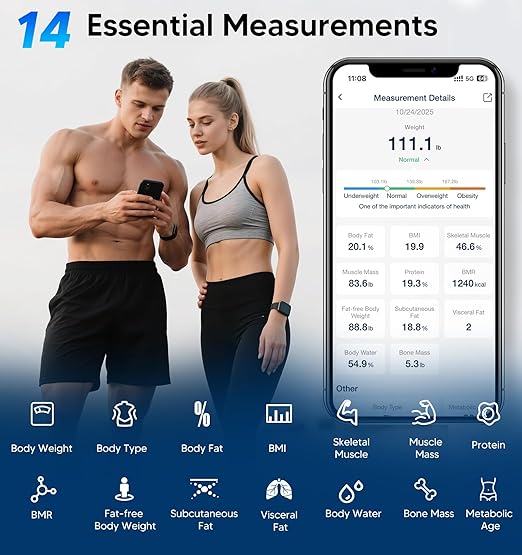 GE Smart Scale for Body Weight BMI Fat Muscle Mass with 14 Body Composition Metrics & All-in-one LCD Display, Digital Bathroom Weight Monitor Bluetooth with App, Accurate Weighing Machine 400lb Blue