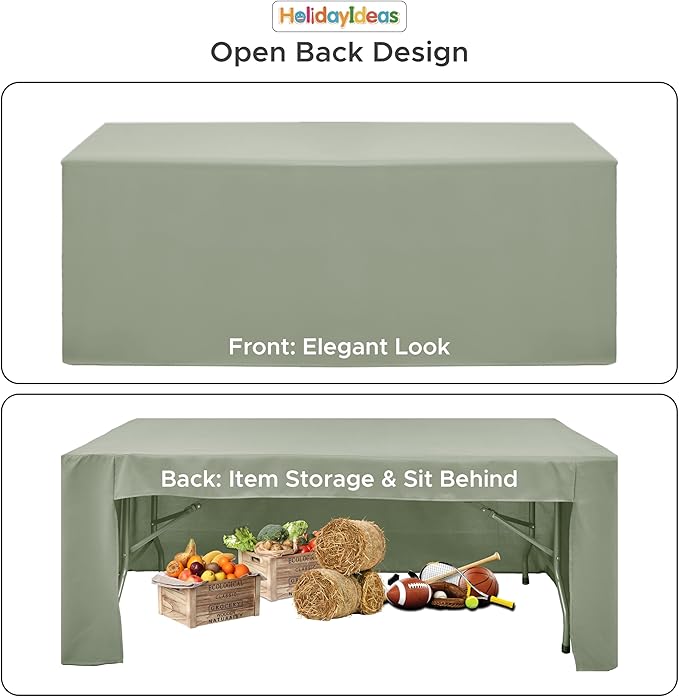 HolidayIdeas Open Back Fitted Tableclothss for 8 Foot Rectangle Table, Wrinkle Resistant Washable Table Covers 96x30 Inch for Craft Fairs, Banquets, Trade Show Display, Sage Green,4 Pcs