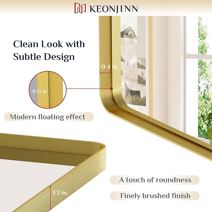 Keonjinn Gold Bathroom Mirrors for Over Sink, 24” x 30” Rounded Rectangle Brushed Gold Vanity Mirror, Anti-Rust Brass Mirror with HD Tempered Glass, Decorative Farmhouse Mirrors, Horizontal/Vertical