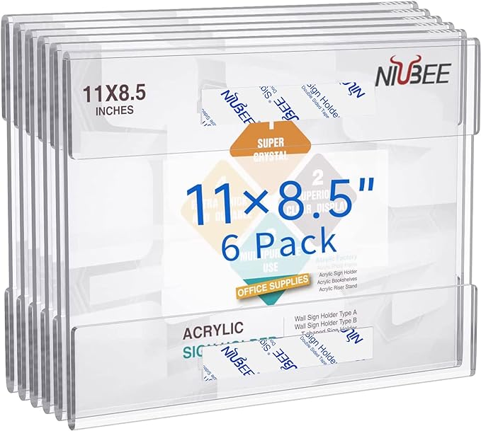 NIUBEE Acrylic Sign Holder 8.5x11 Inches Horizontal,Clear Plastic Wall Mount Sign Holder Poster Paper Holder with Free Double Sided Tape for Office, Home, Store, Restaurant-No Drilling(6 Pack)