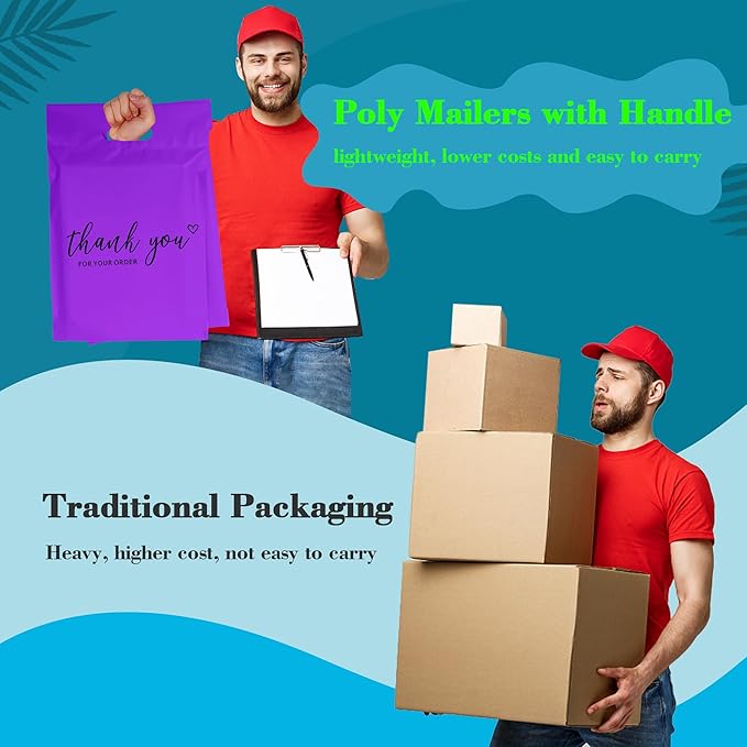 JinRuiKJ Poly Mailers with Handle 10x13 Inch 25 Pcs, Easy to Carry Packaging Bags for Small Business, Thank You Shipping Bags with Self Adhesive Strip, Tearproof and Waterproof - Purple