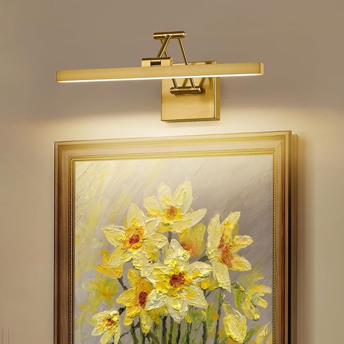 Hard-Wired Picture Light Dimmable LED Picture Lights for Paintings 15.7" Inch Brass Metal Body Wall Pictures with Adjustable Gold Swing Arm Art Display Lamps 7W 3000K Warm White Book Light