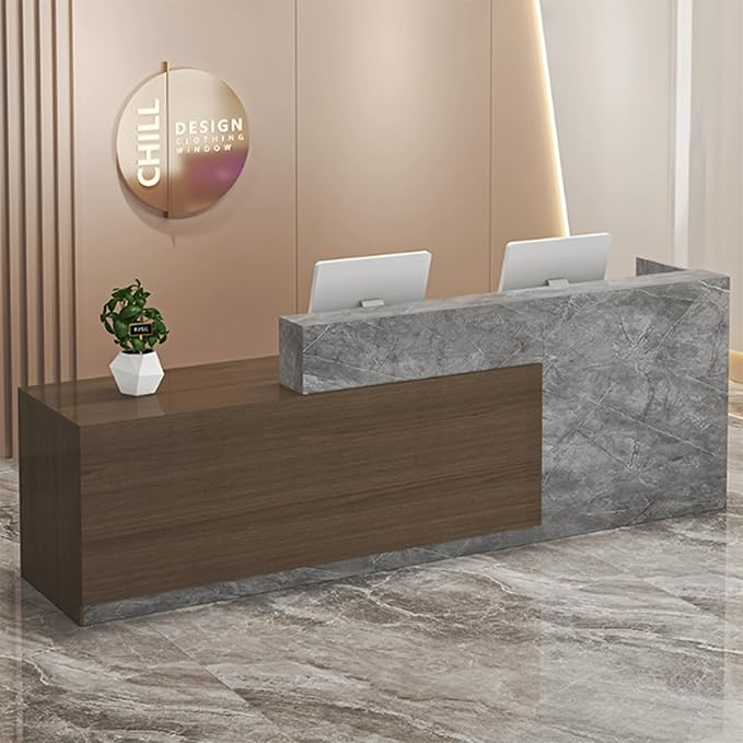 PLMOKN Wood Reception Desk Marble Stone with Checkout Retail Counter L Shaped Modern Mostrador para Negocio Office Desk Closed Front with Storage Drawers for Barber,Salon,Clothing Store
