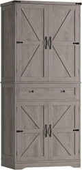 HOSTACK 71" Tall Pantry Cabinet, Farmhouse Kitchen Pantry with Storage Shelves, Barn Doors Food Storage Cabinet, Freestanding Kitchen Hutch with Large Drawer for Dining Room, Living Room, Ash Gray