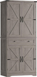 HOSTACK 71" Tall Pantry Cabinet, Farmhouse Kitchen Pantry with Storage Shelves, Barn Doors Food Storage Cabinet, Freestanding Kitchen Hutch with Large Drawer for Dining Room, Living Room, Ash Gray