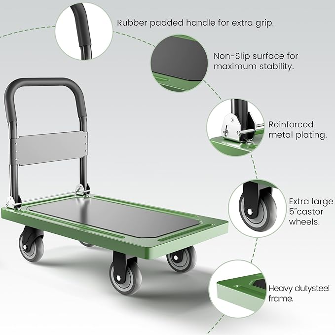 Upgraded Foldable Push Cart Dolly | 880 lbs. Capacity Moving Platform Hand Truck | Heavy Duty Space Saving Collapsible | Swivel Push Handle Flat Bed Wagon - Green