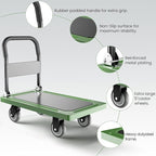 Upgraded Foldable Push Cart Dolly | 880 lbs. Capacity Moving Platform Hand Truck | Heavy Duty Space Saving Collapsible | Swivel Push Handle Flat Bed Wagon - Green