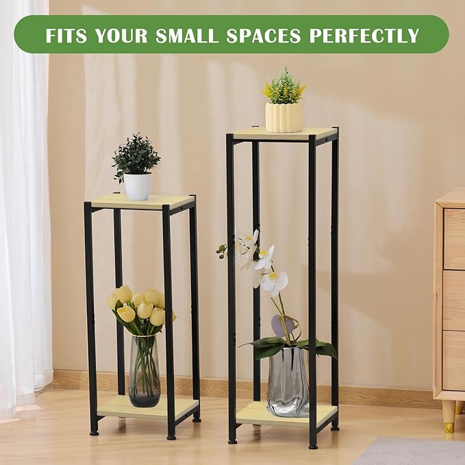 Tall Plant Stand Indoor,31 Inch Plants Stands,2 Tier Metal Plant Stand with Heavy Duty Wood,Yellow Oak and Black