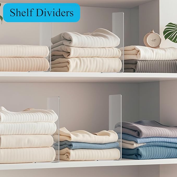 Acrylic Shelf Dividers for Closet Organization: 10" Tall x 12" Deep Closet Shelf Divider for Clothes Sweater Purse - Clear Closet Organizers and Storage Separators for Shelves, 7Pack