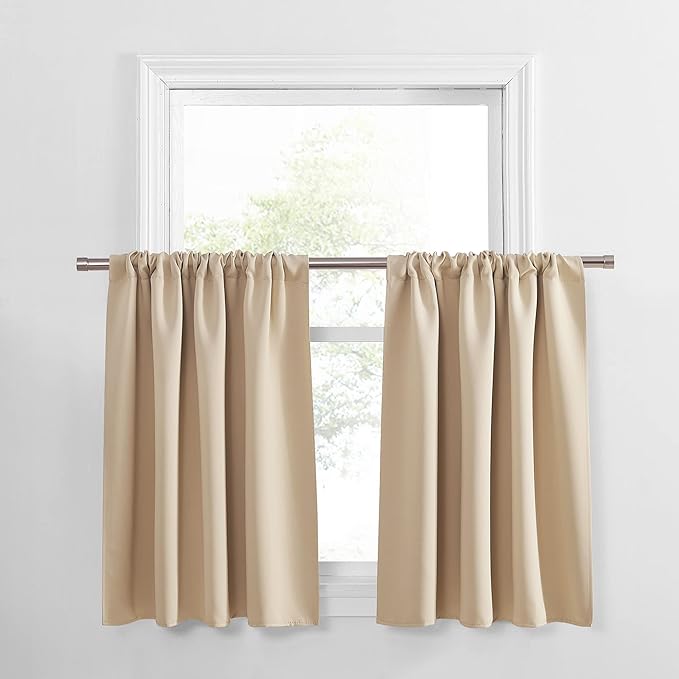 PONY DANCE Short Window Curtains for Kitchen 30 inch Long, 2 Panels Set Half Window Drape for Bedroom Basement, Blackout Small Curtains for Travel Trailers, Width 42 x Length 30 inches, Biscotti Beige