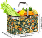 Collapsible Picnic Basket with Handle, Shopping Basket Aluminum Frame, Grocery Basket Tote for Women, Farmers Market Basket, Harvest Baskets Camping Travel Portable Beach Bag (Flowers Green)