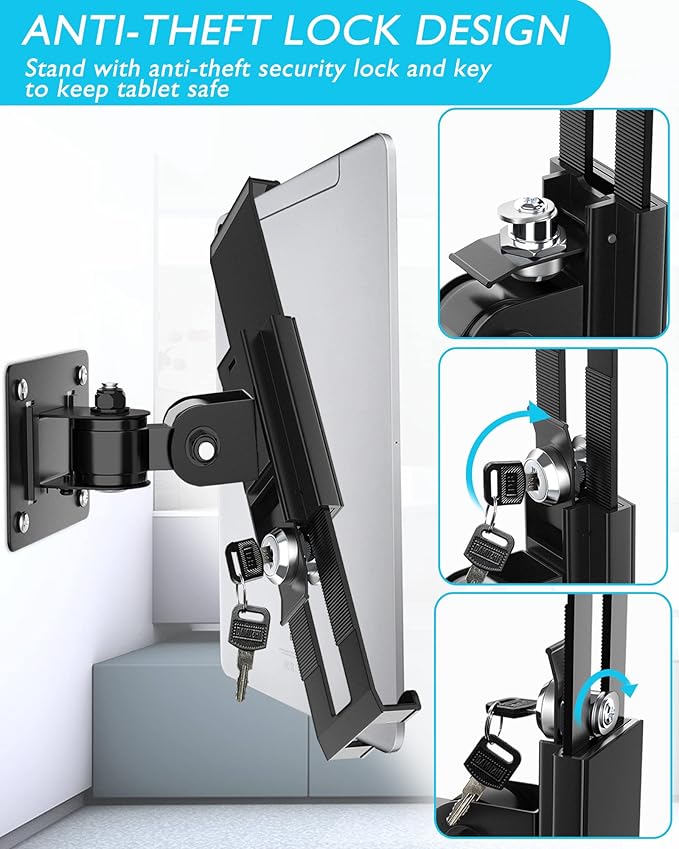 iPad Wall Mount, Security Anti-Theft Tablet Wall Mount Holder with Lock and Keys, 360° Swivel iPad Pro Mount, Compatible with 7-11 Inch Tablets (iPad, Galaxy Tab, Slate, Fire) – Black