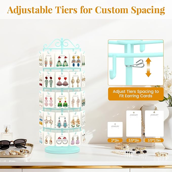 EsLuker.ly Earring Holder Organizer Rotating Display Tree Stand, Adjustable Height Earring Card Hanger Rack with 50 Hooks for Vendors Market Selling, 5 Tier Metal Jewelry Storage Tower,Blue