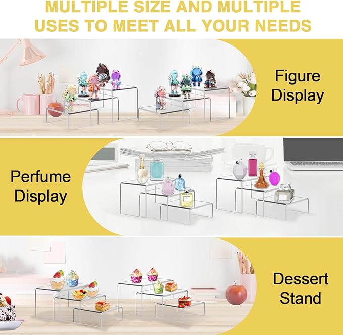 6 Pcs Acrylic Display Risers, 2 Sets Small Size Clear Shelf Riser, 0.15" Thick Acrylic Risers Display Stands, Clear Risers for Dessert, Cupcake, Candy, Figure Jewelry Showcase
