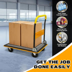 660lbs Large Size Heavy Duty Yellow Flatbed Cart, Foldable Platform Hand Truck with 360° Swivel Wheels, Steel Utility Dolly for Warehouse, Moving & Storage