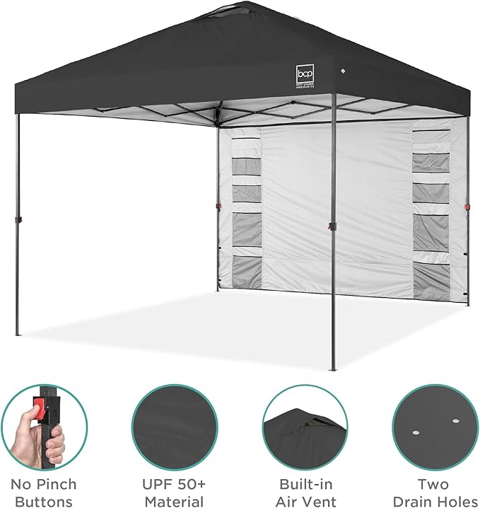 Best Choice Products 10x10ft Easy Pop Up Canopy w/Side Wall, 10 Pockets, Portable Carrying Case, 1-Button Setup, 4 Weight Bags - Gray