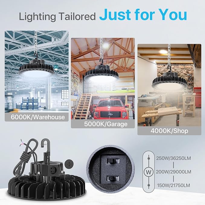 HYPERLITE LED UFO High Bay Lights 250W 36,250lm 1-10V Dimmable 5000K 5' Cable with 110V Plug Hanging Hook Safe Rope UL Listed for Shopping Mall Stadium Exhibition Hall