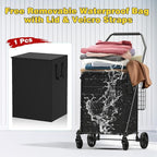 3.7 Cu Ft Folding Shopping Cart - 380 LB Capacity Grocery Cart with 360° Braked Swivel Wheels - Heavy Duty Utility Cart with Double Basket & Removable Waterproof Liner with Lid for Laundry