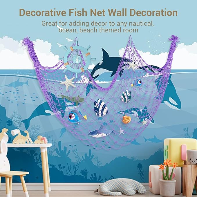2 Pack Fish Net Decorations - 80x40 Inch Purple Fishing Net Decor for Under The Sea Hawaiian Beach Themed Party, 3mm Thick Natural Cotton Versatile Nautical Netting for Wall Table Halloween Decor