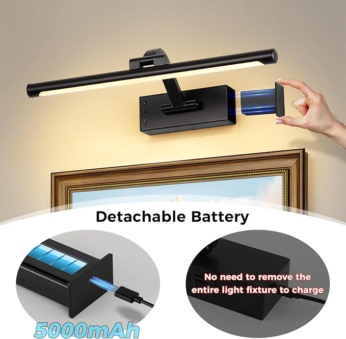 Picture Light Removable Battery Charging, 16in Wireless Art Light for Paintings, Dimmable 5000mAh Recharging Battery Picture Light with Remote Control for Pictures Display
