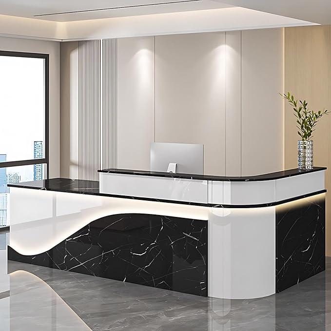 Modern Reception Desk – Front Desk, Reception Counter for Office, Checkout Counter, LED Lighting, Storage, Soft Close Drawers, Custom Logo, Fully Assembled (F,104IN)
