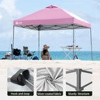 CROWN SHADES Adjustable Height on The Fly, 10x10 Pop Up Canopy - Beach Tent with One Push Setup - Easy Outdoor Sun Shade for Events, Parties, Camping - Outside Shade with STO-N-Go Bag, Pink