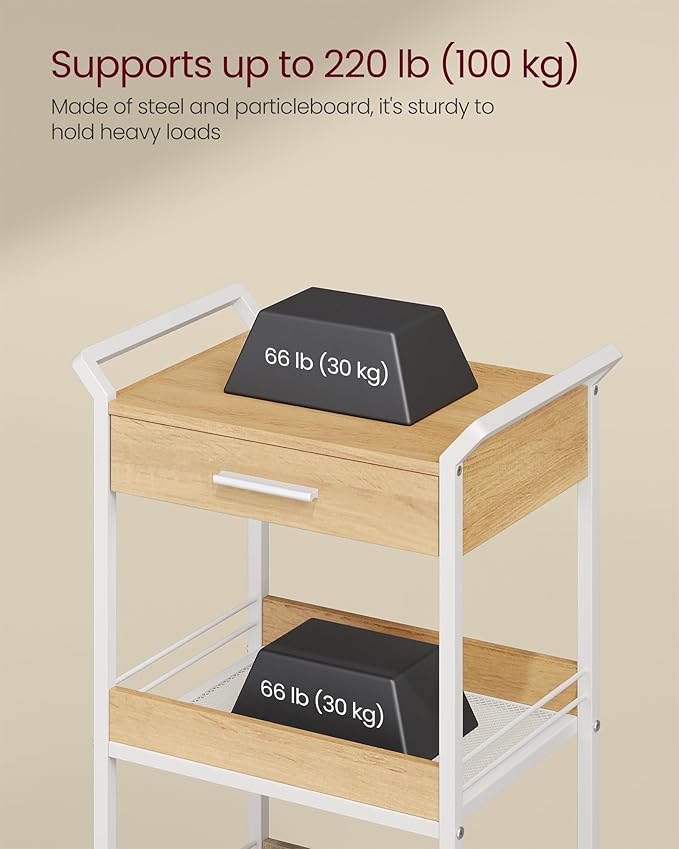 VASAGLE Storage Cart, 3-Tier Rolling Utility Cart with Table Top, Handles, 4 Lockable Casters, Top Drawer, Mesh Shelves, for Kitchen, Bathroom, Bedroom, Golden Oak and Cloud White ULRC048N01