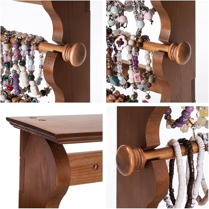 Donmills 4-Tier Wall-Mounted Wooden Bracelet Holder – Brown Jewelry Display Rack with Top Shelf for Perfume, Sunglasses & Accessories – Hanging Organizer for Bracelets, Bangles, Watches & Necklaces