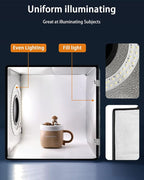 DUCLUS Light Box Photography, 12"x12" Photo Booth Box with 120 LED Lights Dimmable & CRI＞95, Portable Lightbox with 8 Backdrops for Mini Product Photography: Jewelry, Cards, Watches