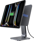 Magnetic iPad Stand with Wireless Charging, 18W Charger, Suction Cup Base, 360° Rotating Panel & Foldable, ONLY for iPad Pro11"(4th/3rd/2nd), Air11"(M3/M2), Air10.9"(5th/4th), Work & Study Desk - Gray