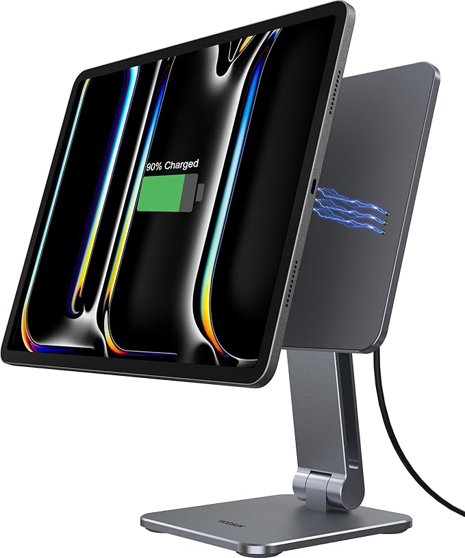 Magnetic iPad Stand with Wireless Charging, 35W Contact Fast Charger, Suction Cup Base, 360° Rotating Panel & Foldable, Compatible with iPad Pro11 M5 & M4 ONLY, Work & Study Desk - Gray