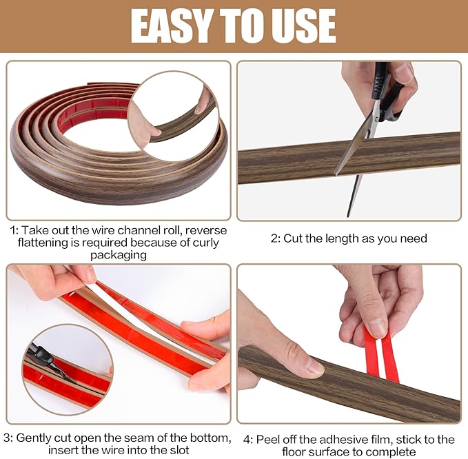 Floor Cord Cover Self Adhesive Cord Hider,10FT Cable Management, Extension Strip Protector for Wires, Prevent Cable Trips for Offices, Gyms, Exhibitions Cavity:0.51"(W) x 0.3"(H) Wood Walnut