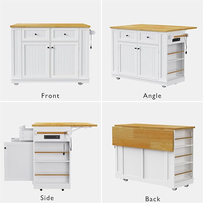 Rolling Kitchen Island with Drop Leaf & Power Outlet, Large Kitchen Islands Cart on Wheels, Movable Kitchen Island with 5 Open Storage Shelves & Towel Rack for Kitchen, Dining Room, 48-Inch, White