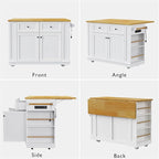 Rolling Kitchen Island with Drop Leaf & Power Outlet, Large Kitchen Islands Cart on Wheels, Movable Kitchen Island with 5 Open Storage Shelves & Towel Rack for Kitchen, Dining Room, 48-Inch, White